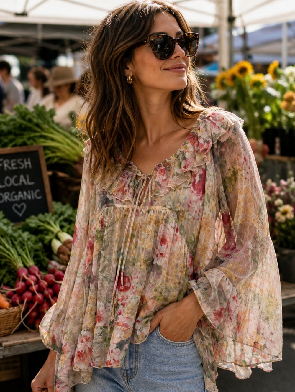 JOHNNY WAS Aria Silk Flowy Whimsigoth Semi-sheer Abstract Pastel Floral Blouse